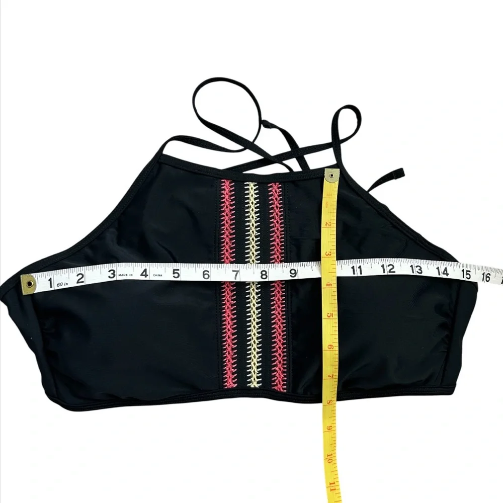 TRUE CRAFT Women’s Halter Bikini Top Black Red/Yellow Boho Embroidery Detail‎ L